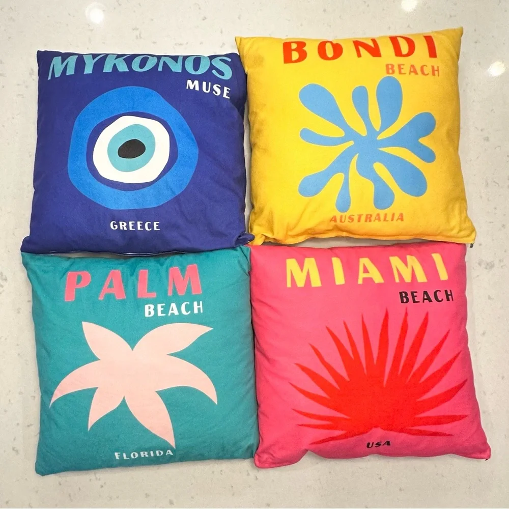 Set of 4 Decorative Miami Beach, Palm Beach, Bondi Beach & Mykonos Pillows